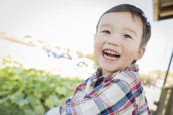 Mixed Race Young Boy Having Fun Outside — Stock Photo, Image