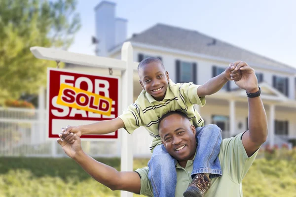 African American Father and Son, Sold Sign and Home — Stock Photo, Image