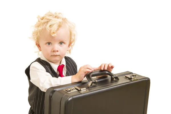 Niño en chaleco traje y corbata con maletín en blanco — Foto de Stock