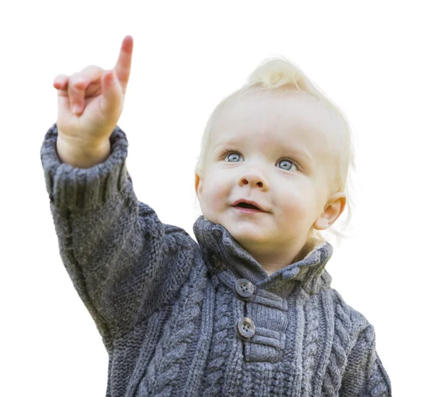 Mignon petit garçon dans pull pointant sur blanc — Photo