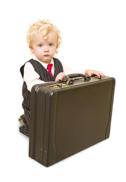 Boy in Vest Suit and Tie with Briefcase On White Royalty Free Stock Images