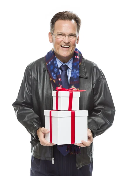 Man Wearing Black Leather Jacket Holding Christmas Gifts on Whit — Stock Photo, Image