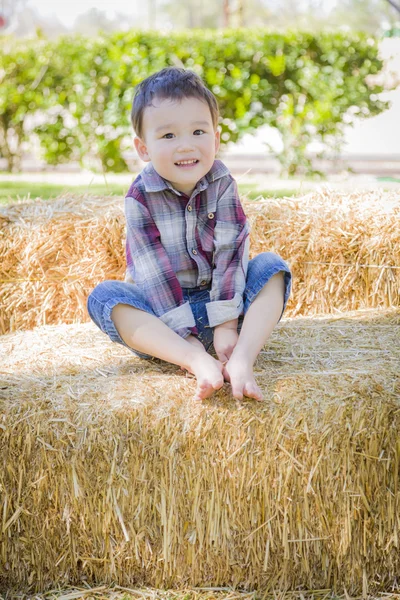 Schattig jong gemengd ras Boy plezier op Hay Bale — Stockfoto