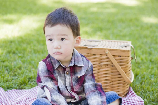 Młody mieszane rasy chłopiec siedzący w parku, w pobliżu kosz piknikowy — Zdjęcie stockowe