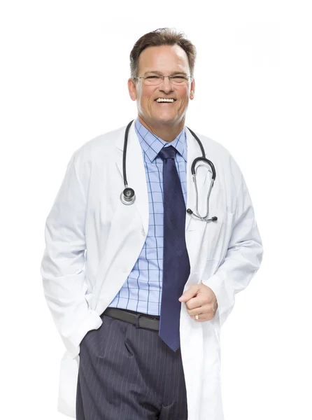 Sorrindo Médico Masculino em Revestimento de Laboratório com Estetoscópio em Branco — Fotografia de Stock