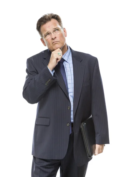 Businessman With Hand on Chin and Looking Up and Over — Stock Photo, Image