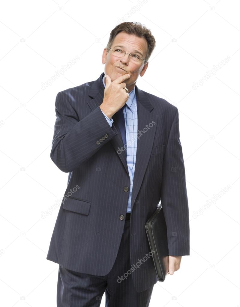 Businessman With Hand on Chin and Looking Up and Over