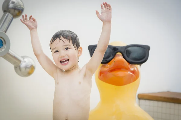 Mixed Race Boy Having Fun at the Water Park — Stock Photo, Image