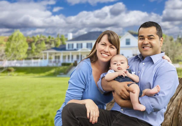 Happy Mixed Race Young Family in Front of House — Stock Photo, Image