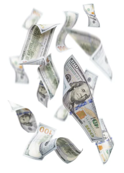 Willekeurig vallende honderd-dollarbiljetten op wit — Stockfoto