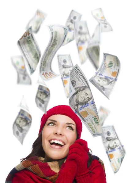 Young Excited Woman with Hundreds of Dollars Falling Around Her — Stock Photo, Image