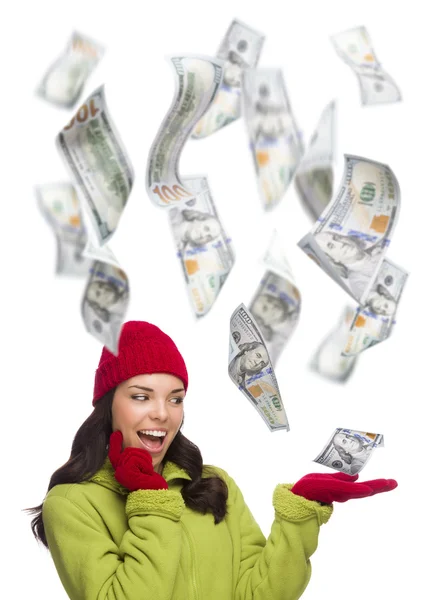 Young Excited Woman with Hundreds of Dollars Falling Around Her — Stock Photo, Image