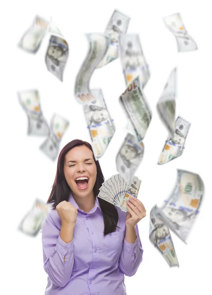 Glad kvinna med hundra Dollar räkningar med många faller runt — Stockfoto