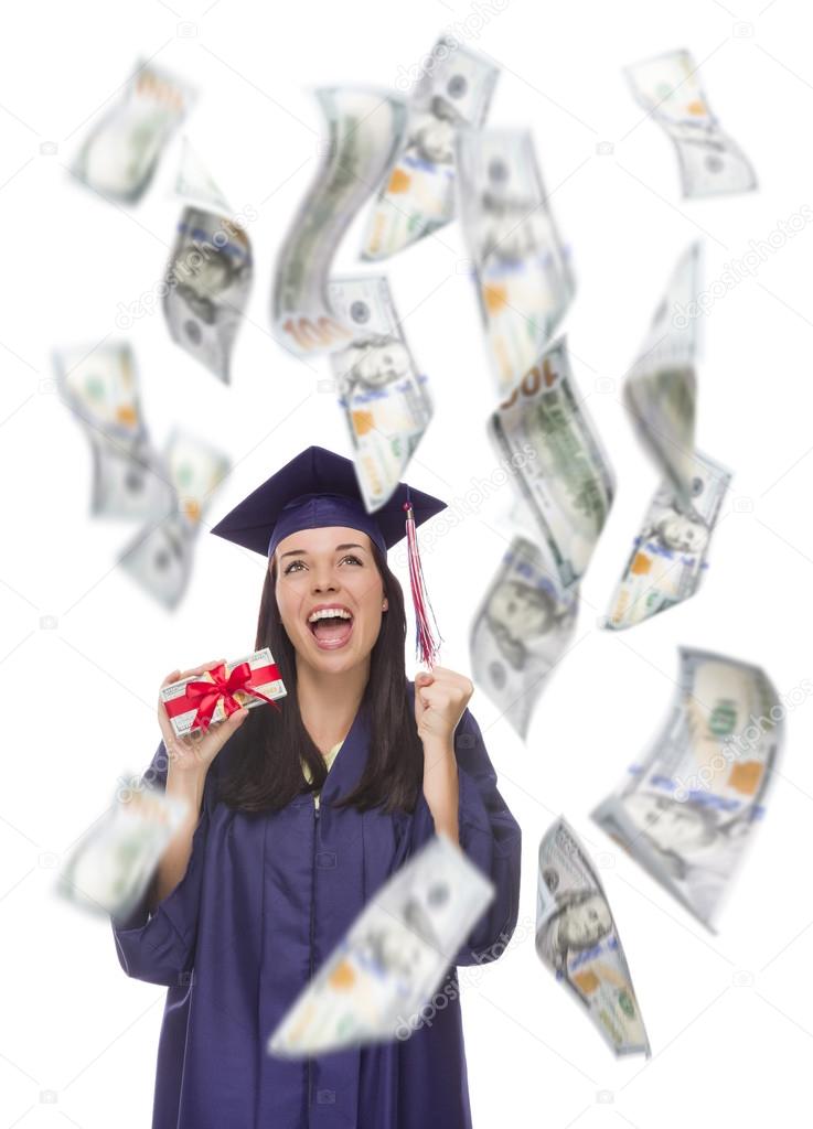 Female Graduate Holding One Hundred Dollar Bills with Many Falling Around Her