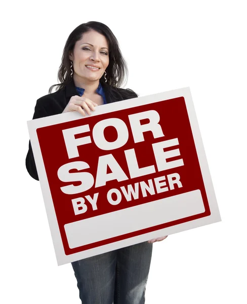 Hispanic Woman Holding For Sale By Owner Sign On White — Stock Photo, Image