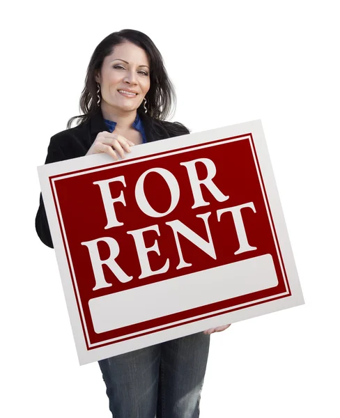 Donna ispanica Holding For Rent segno sul bianco — Foto Stock