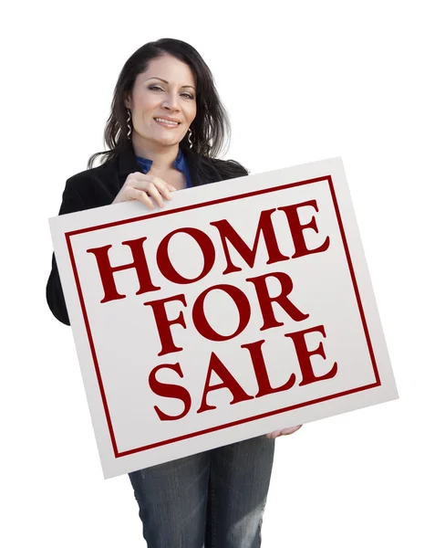 Hispanic Woman Holding Home For Sale Real Estate Sign — Stock Photo, Image