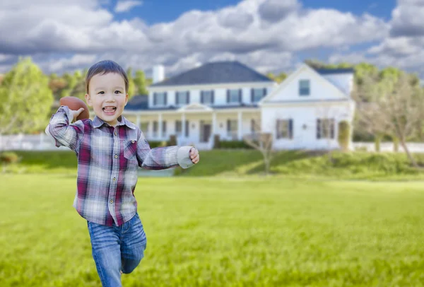 Cute Mixed Race Boy Playing Ball in His Front Yard — Stock Photo, Image