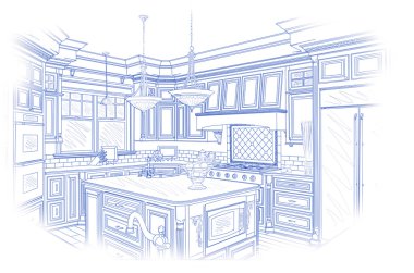 Blue Custom Kitchen Design Drawing on White clipart