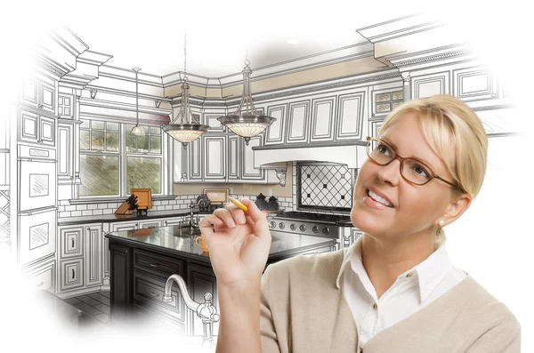 Woman With Pencil Over Custom Kitchen Design Drawing and Photo C — Stock Photo, Image