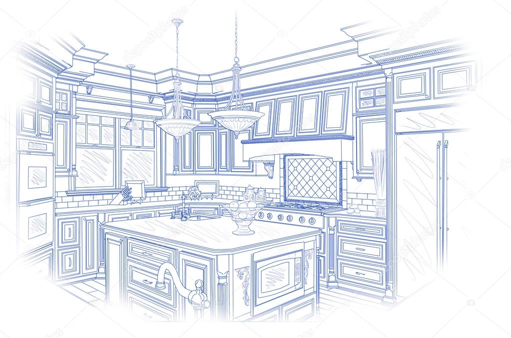 Blue Custom Kitchen Design Drawing on White