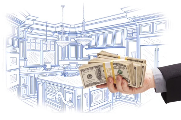 Hand Holding Cash Over aangepaste keuken ontwerp tekening — Stockfoto