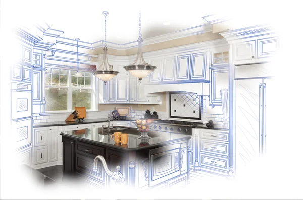Prachtige aangepaste keuken ontwerp tekening en foto combinatie — Stockfoto