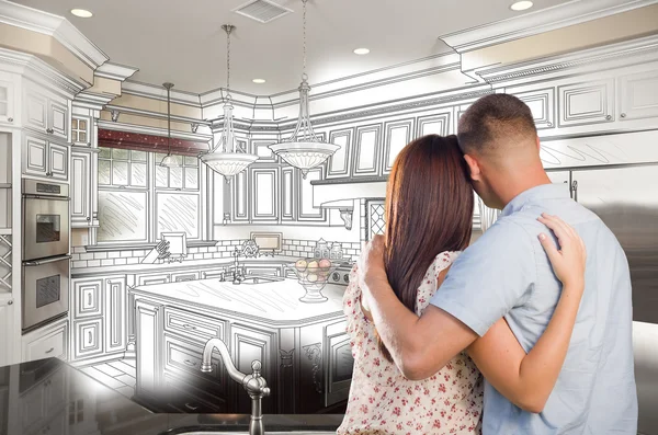 Young Military Couple Inside Custom Kitchen and Design Drawing C — Stock Photo, Image