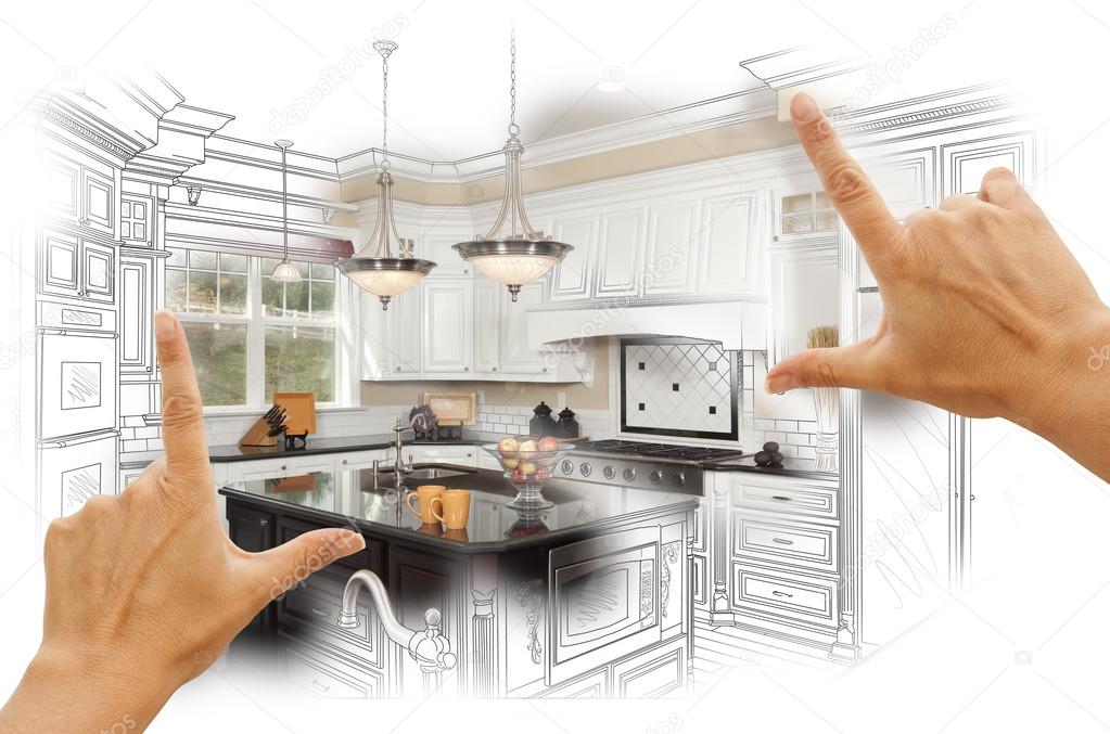 Hands Framing Custom Kitchen Design Drawing and Photo Combinatio