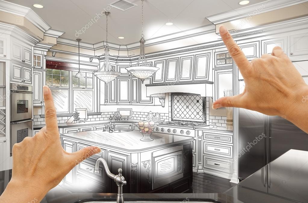 Hands Framing Custom Kitchen Design Drawing and Photo Combinatio