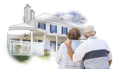 Kucaklama kıdemli çift ev çizim ve resmi beyaz için üzerinde