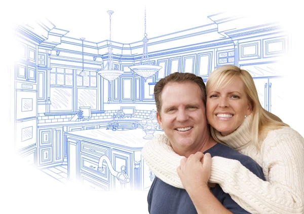 Happy Couple Hugging with Custom Kitchen Drawing Behind — Stock Photo, Image