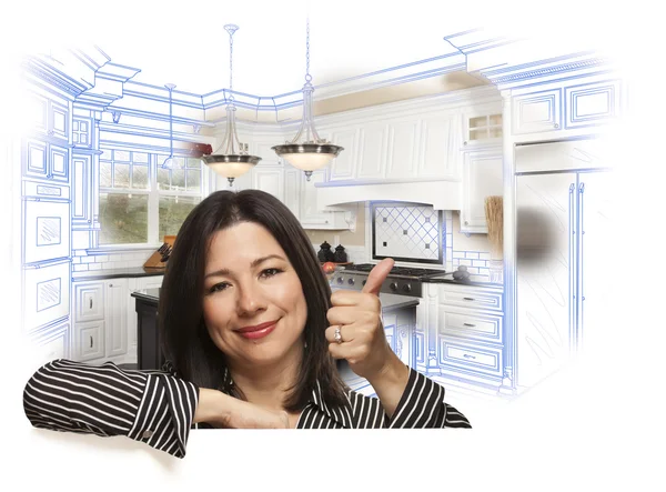 Mulher hispânica com polegares para cima, desenho da cozinha e foto atrás — Fotografia de Stock