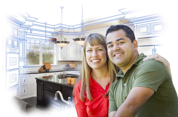 Mixed Race Couple Over Kitchen Design Drawing and Photo — Stock Photo, Image