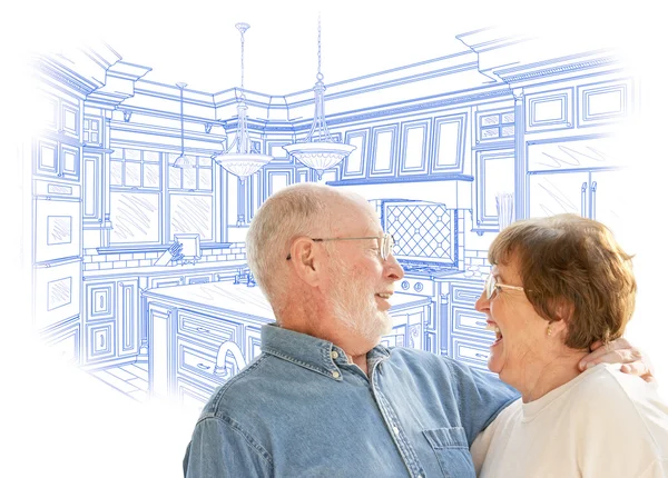 Äldre par över anpassade kök konstruktionsritning på vit — Stockfoto