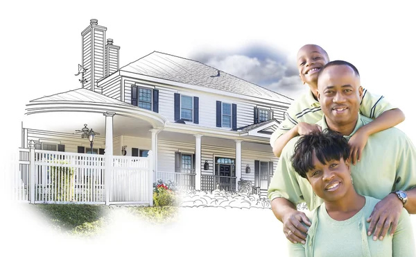 Familia afroamericana sobre dibujo de la casa y foto en blanco —  Fotos de Stock