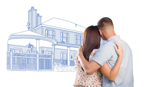 Military Couple Looking At House Drawing on White — Stock Photo, Image