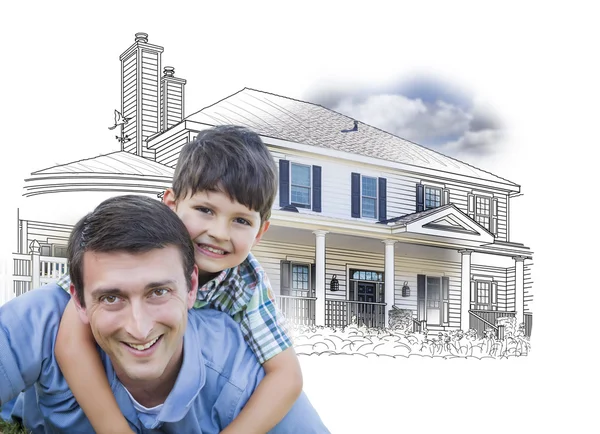 Pai e filho sobre o desenho da casa e foto sobre branco — Fotografia de Stock