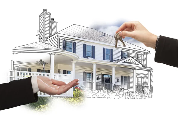 Handing Over Keys On House Drawing and Photo on White — Stock Photo, Image