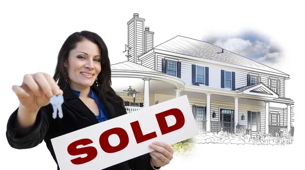 Ev çizim ve fotoğraf üzerinde beyaz işareti kadın, anahtarlar, satılan — Stok fotoğraf