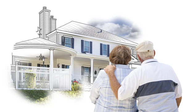 Embracing Senior Couple Over House Drawing and Photo on White — Stock Photo, Image