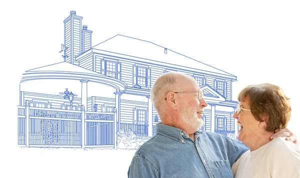 Happy Senior Couple Over House Drawing on White — Stock Photo, Image