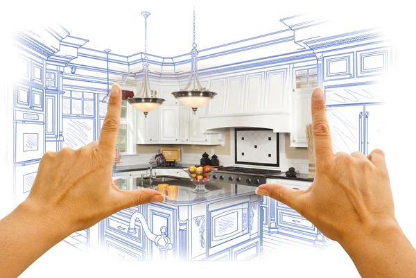 Hands Framing Custom Kitchen Design Drawing and Photo Combinatio — Stock Photo, Image