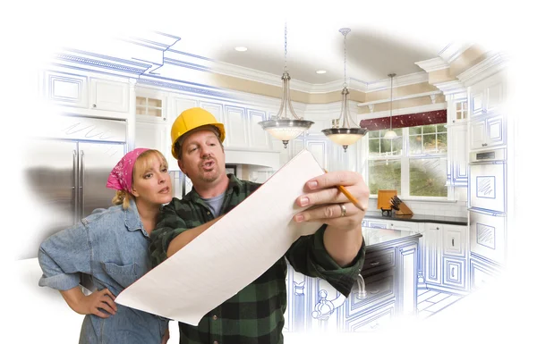 Contractor Discussing Plans with Woman, Kitchen Drawing Photo Be — Stock Photo, Image