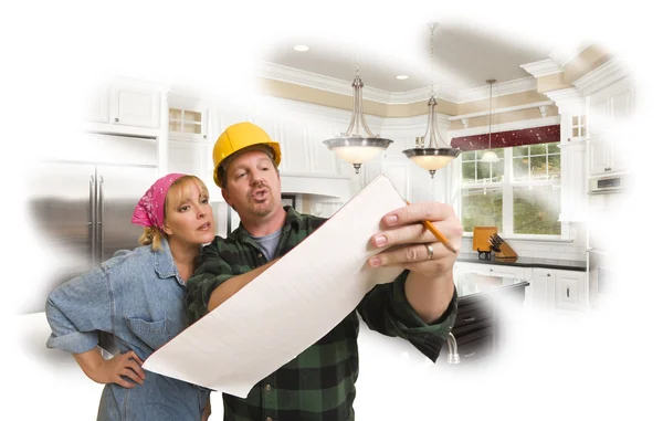 Contractor Discussing Plans with Woman, Kitchen Photo Behind — Stock Photo, Image