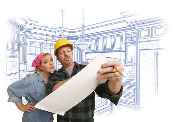 Contractor Discussing Plans with Woman, Kitchen Drawing Behind — Stock Photo, Image