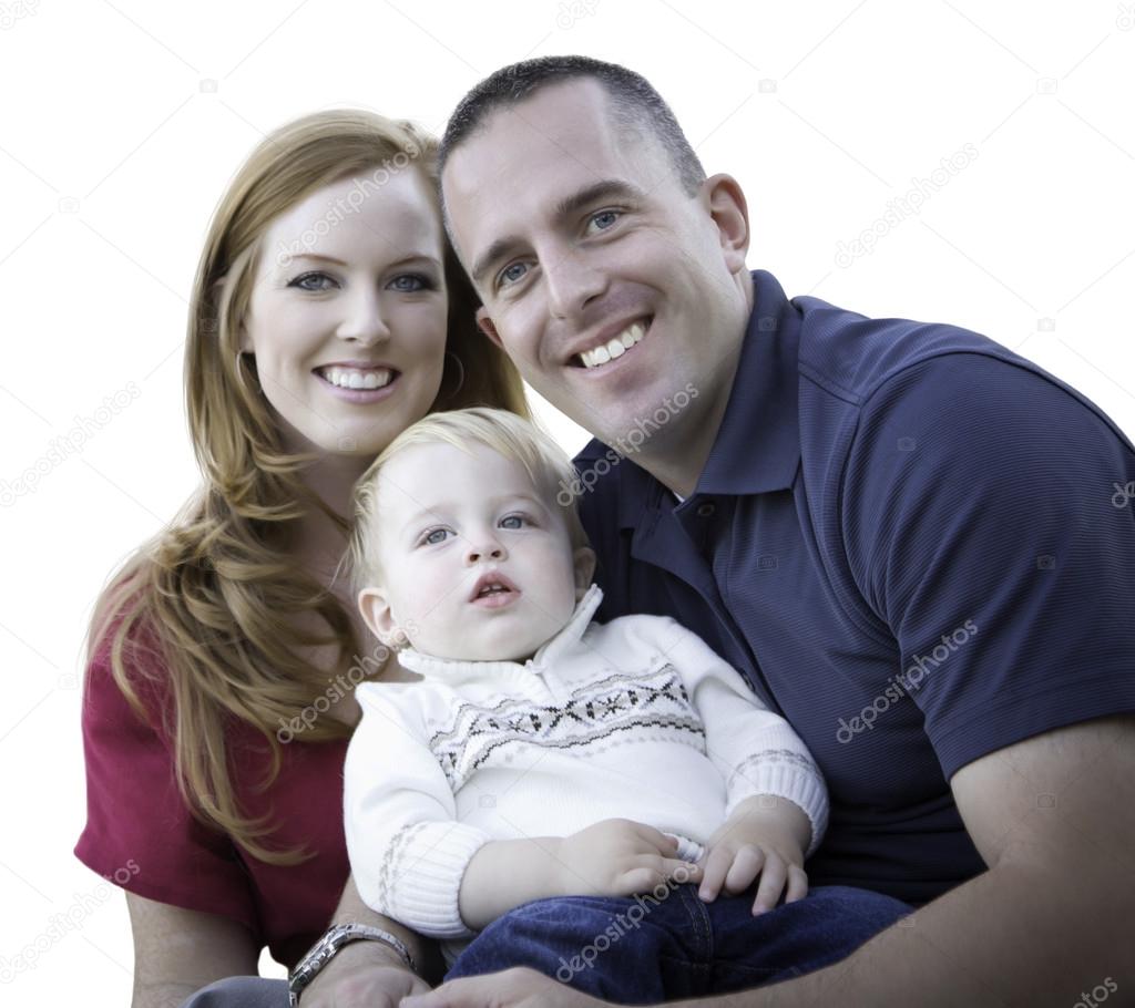 Young Attractive Parents and Child Portrait on White