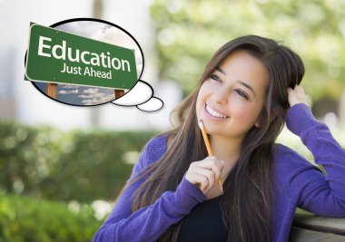 Young Woman with Thought Bubble of Education Green Road Sign  clipart