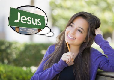 Düşünce balonu Jesus Green yol işareti olan kadın 