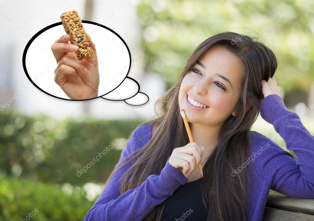 Pensive Woman with Snack Bar Inside Thought Bubble